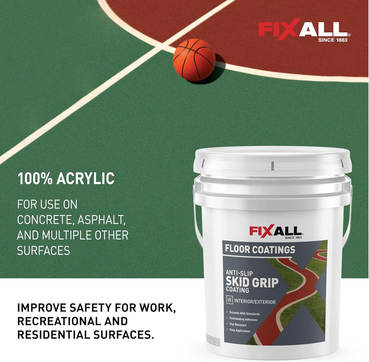 FIXALL Skid Grip Anti-Slip Coating, 5 Gallons, Crimson, Exceeds ADA Standards, Ideal for Safety