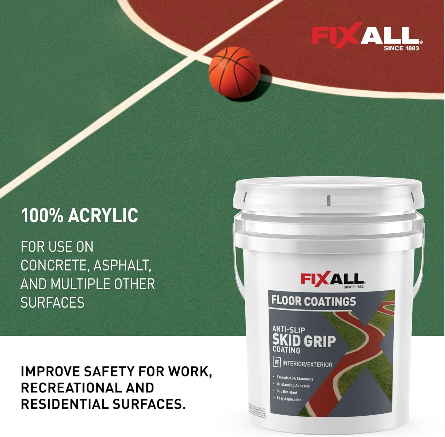 FIXALL Skid Grip Anti-Slip Coating, 5 Gallons, Crimson, Exceeds ADA Standards, Ideal for Safety
