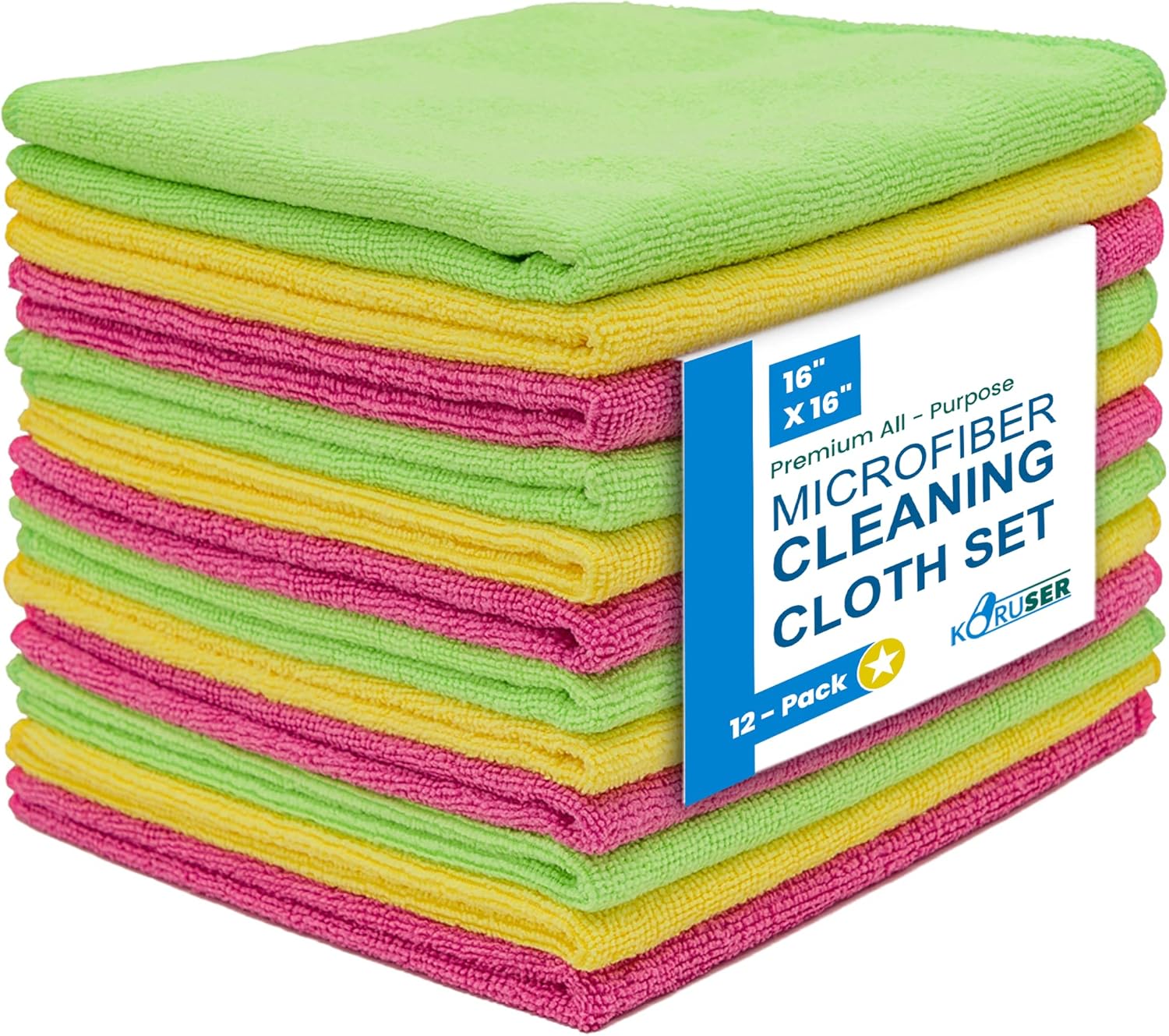 Microfiber Cleaning Cloths - Pack of 12 (16'' x 16'') - Reusable and Washable - All Purpose Towels