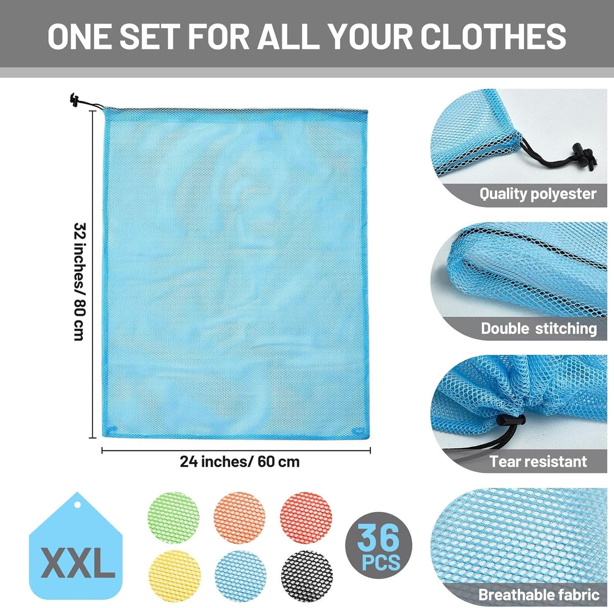 Berlune 36 Pcs Large Laundry Bag Colorful Extra Large Mesh Laundry Bag Bulk with Drawstring Heavy
