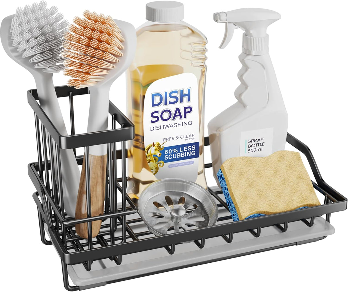 SWTYMIKI Large Sink Caddy Kitchen Sink Organizer with Detachable Brush Holder, Stainless Steel