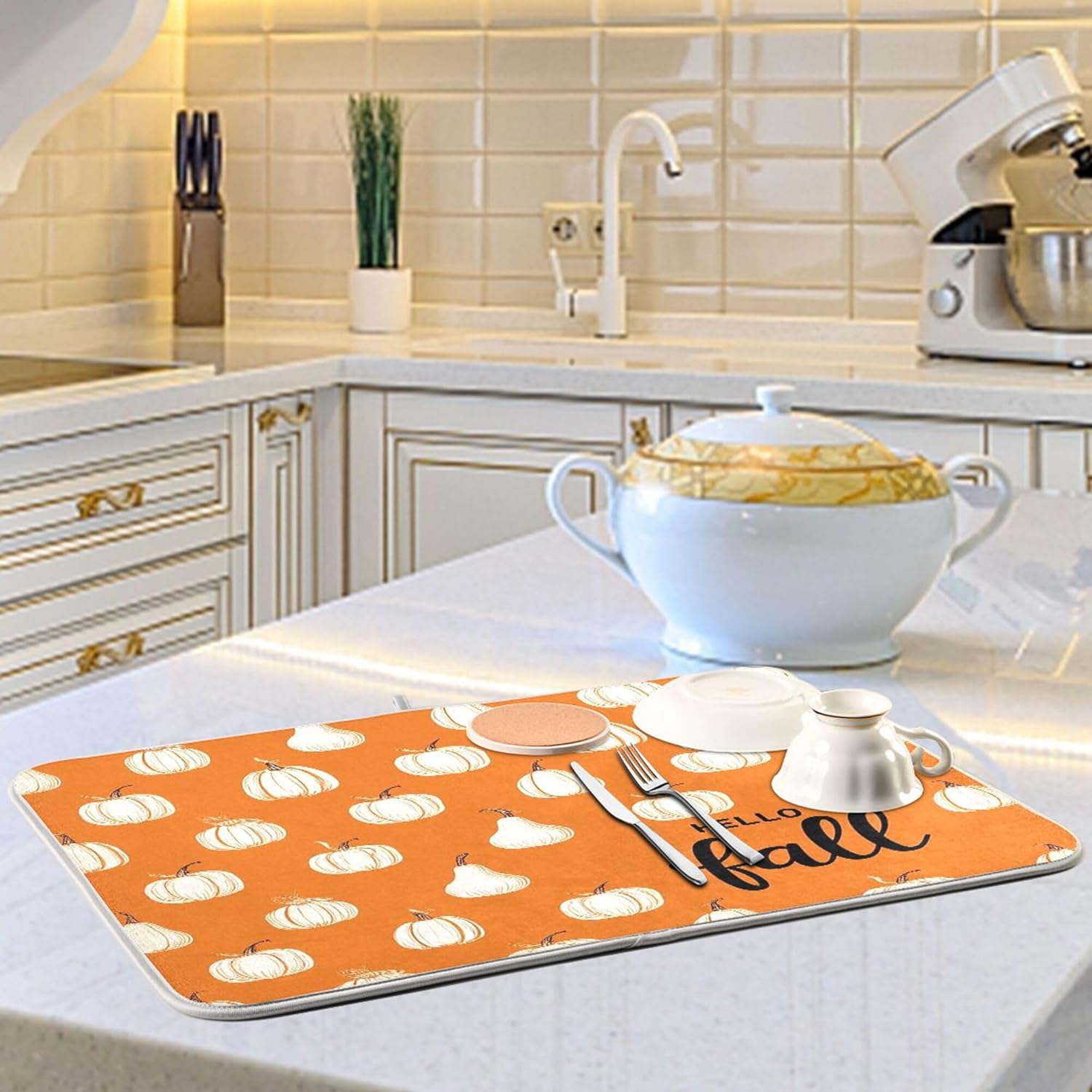 Hello Fall Burnt Orange Dish Drying Mat for Kitchen Countertop 18x24 Autumn Pumpkin Large Drying