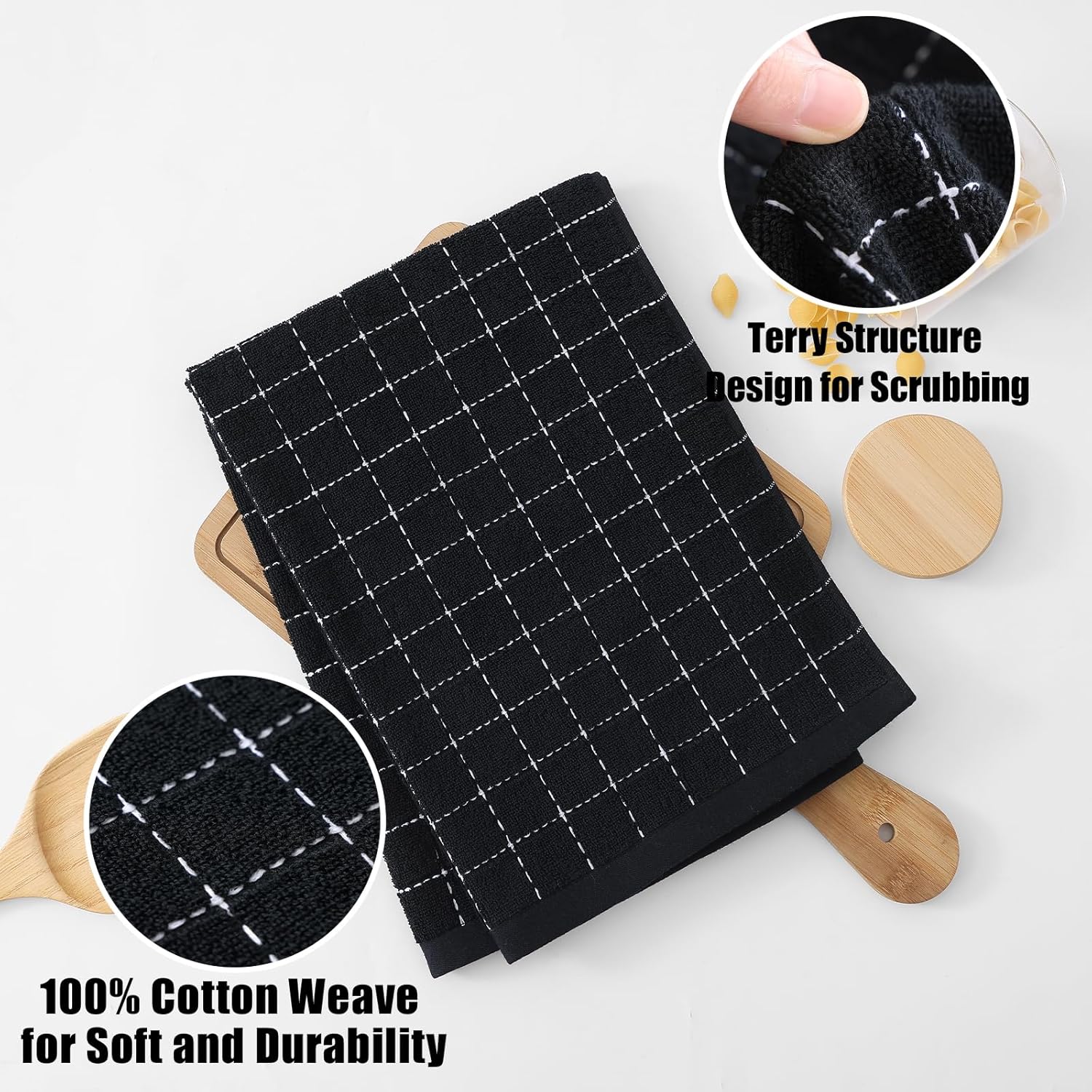 Homaxy 100% Cotton Terry Kitchen Towels(Black, 20 x 28 inches), Checkered Designed, Soft and Super