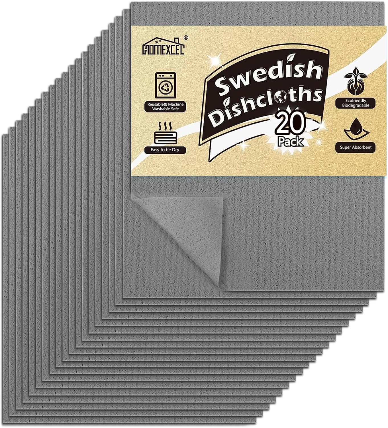 HOMEXCEL Swedish Dishcloths for Kitchen 20 Pack, Sponge Dish Cloth for Counters & Washing Dishes