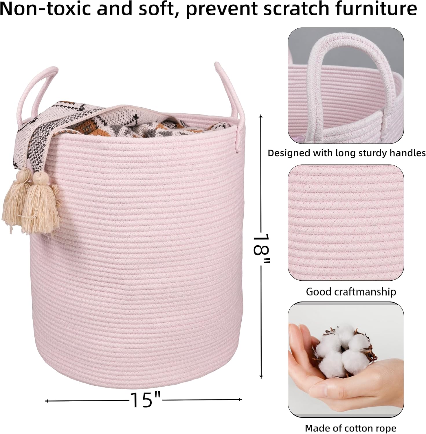 Cotton Rope Laundry Basket Hamper for Girls Kids Baby Nursery Hamper Bin Woven Storage Basket for
