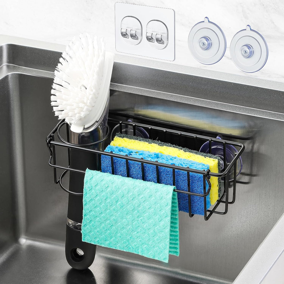 3-In-1 Sponge Holder for Kitchen Sink, 2 Type Suspension Options (Suction Cups & Adhesive Hook)