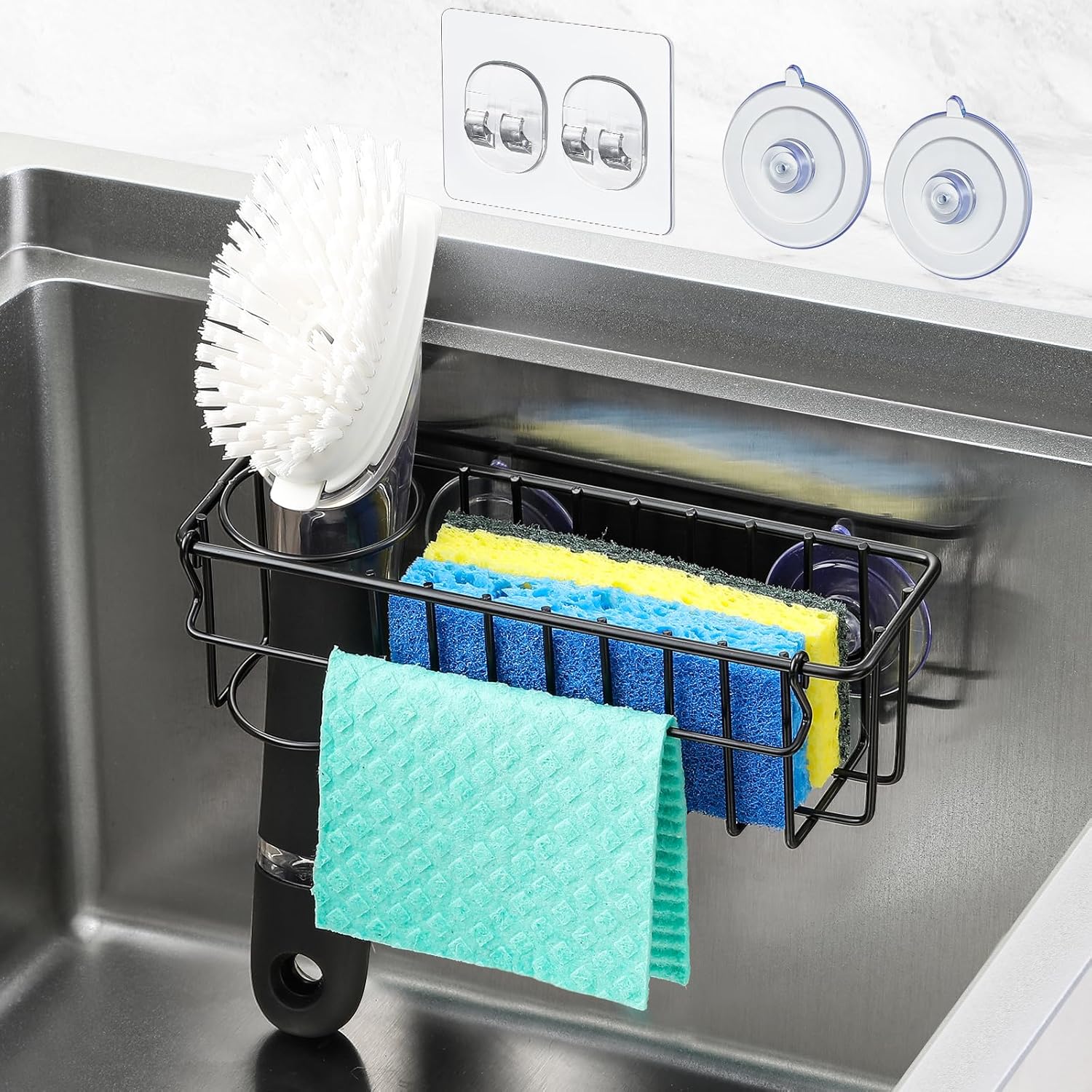 3-In-1 Sponge Holder for Kitchen Sink, 2 Type Suspension Options (Suction Cups & Adhesive Hook)