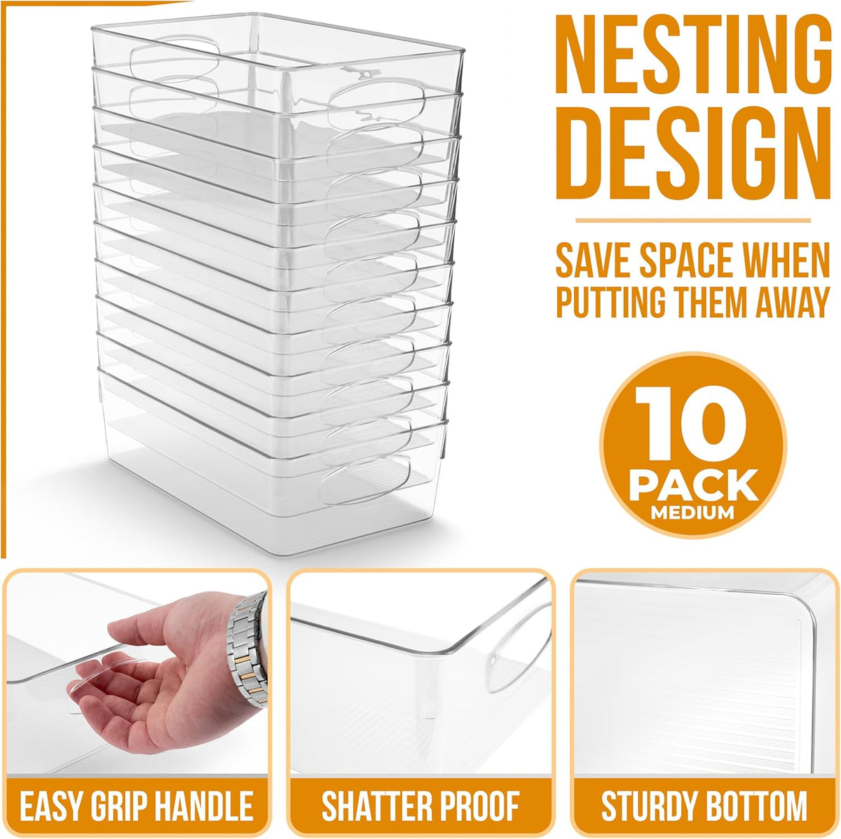 Sorbus Medium Clear Plastic Storage Bins for Organizing, 10 Pack Clear Organizer Bins with Handles