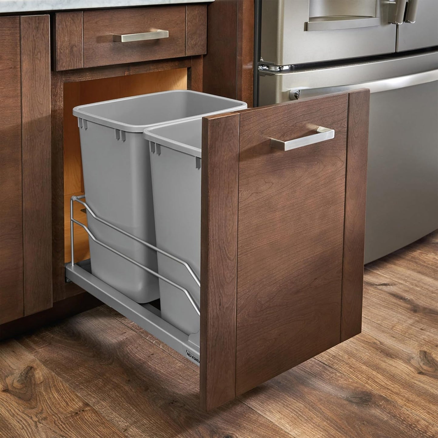 Rev-A-Shelf Double Pullout Trash Can for Base Kitchen Cabinets 27 Quart 12.5 Gallon with Soft-Close