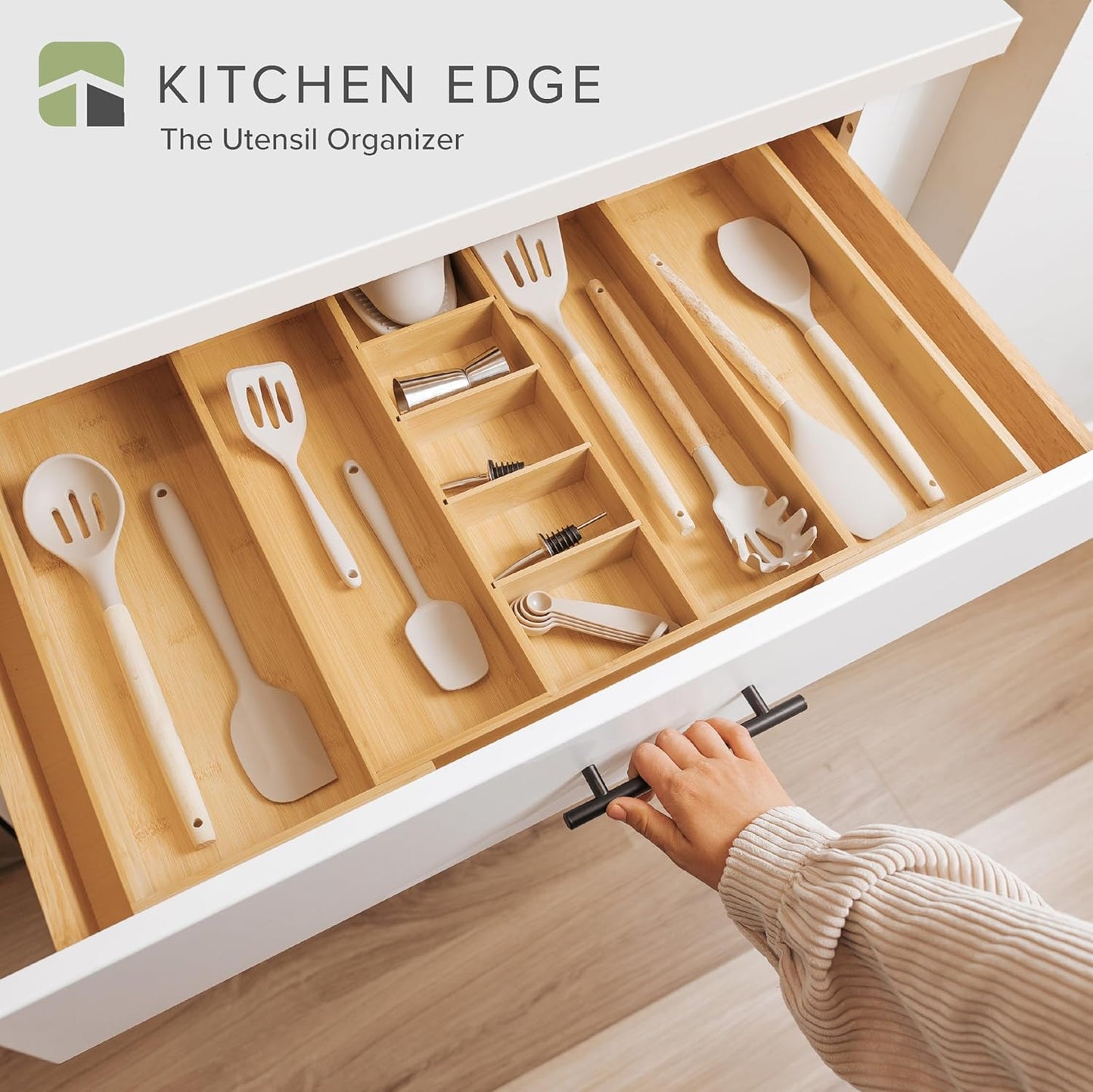 KitchenEdge Adjustable Kitchen Drawer Organizer for Utensils and Junk, Food-Safe Contract Grade