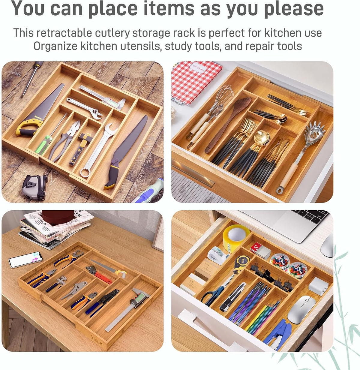 100% Bamboo Expandable Drawer Organizer - Adjustable Utensil and Cutlery Tray for Kitchen, Office