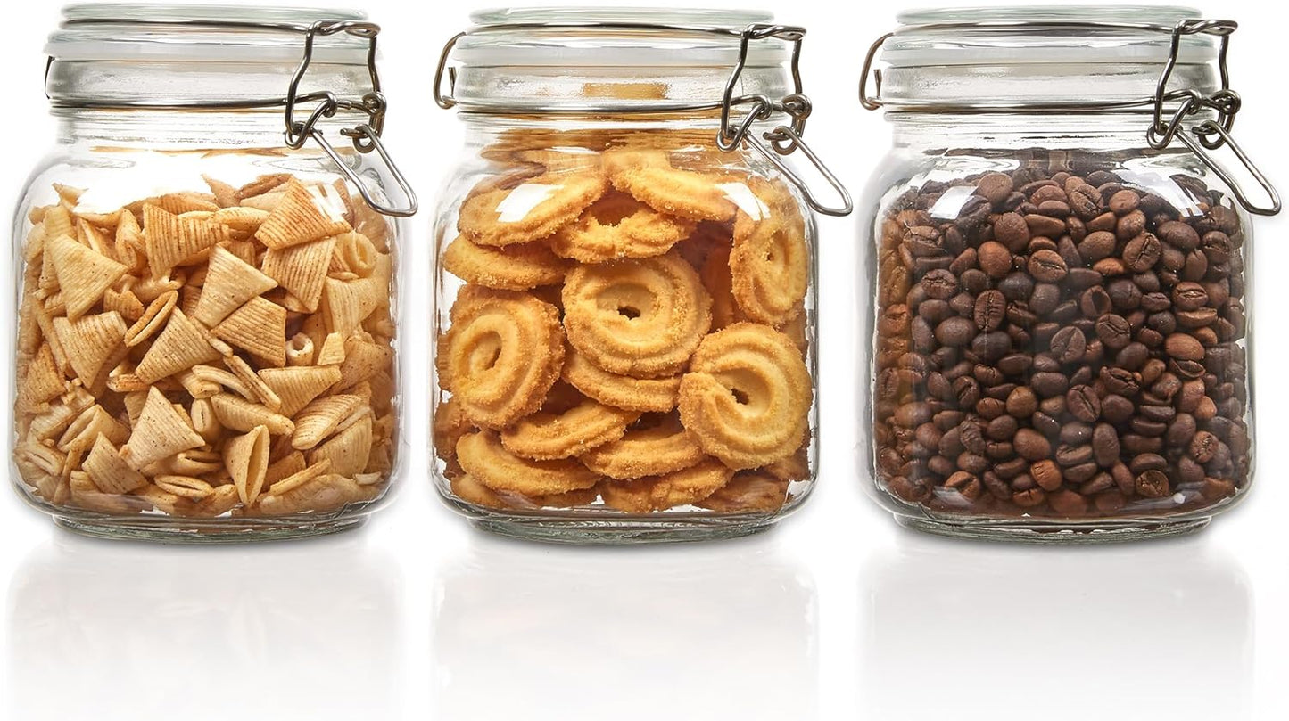 Vtopmart 34oz Glass Food Storage Jars with Airtight Clamp Lids, 3 Pack Kitchen Canisters for Flour