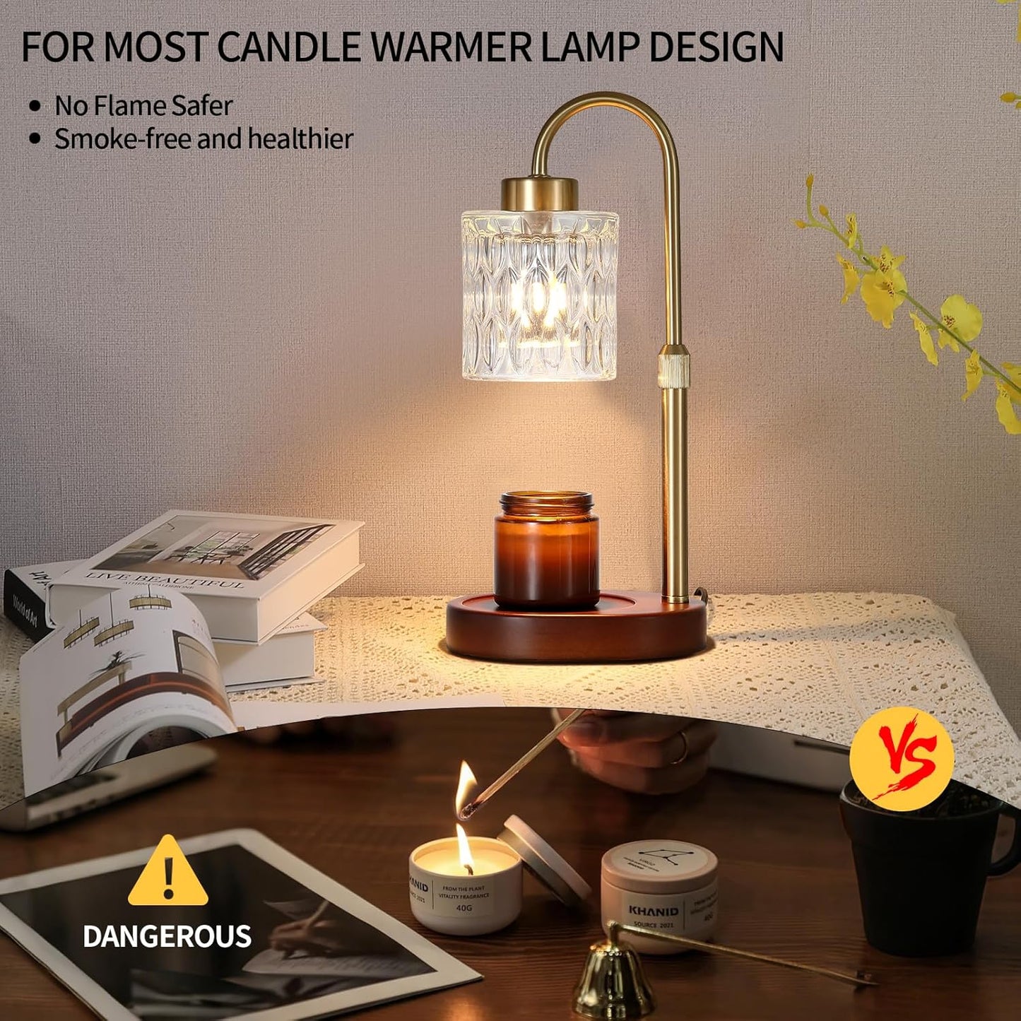 Candle Warmer Lamp with Dimmer and Timer,Home Decor Lamp for Scented Jar,Antique Brass Electric Wax