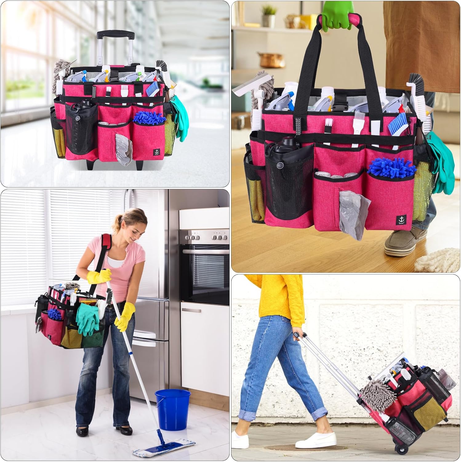 Extra Large Rolling Cleaning Caddy Bag with Detachable, Foldable Trolley Portable Cleaning Cart for