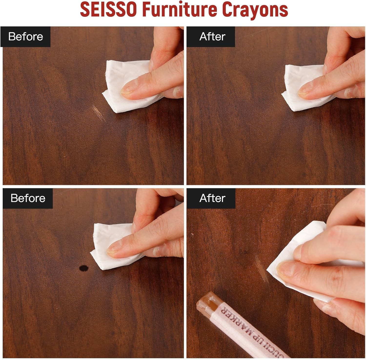 SEISSO Furniture Repair Crayon, 6 Pcs - Wood Filler Sticks, Scratch Repair Wax, Furniture Marking