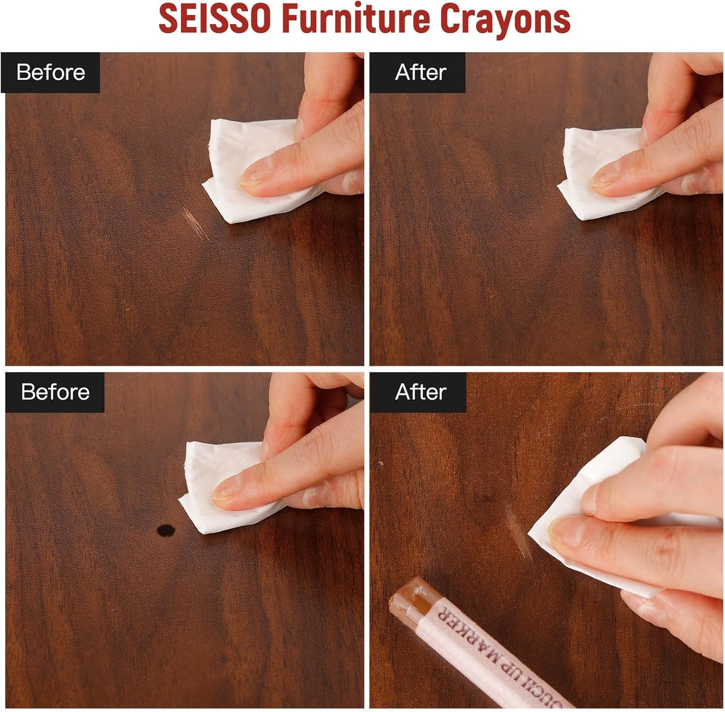 SEISSO Furniture Repair Crayon, 6 Pcs - Wood Filler Sticks, Scratch Repair Wax, Furniture Marking
