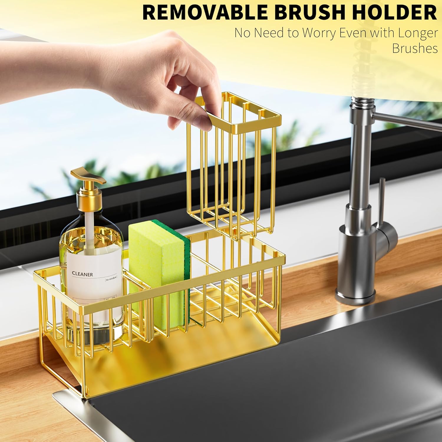 Cisily Gold Kitchen Sink Caddy Organzier with High Brush Holder, Sponge Holder for Sink, 304