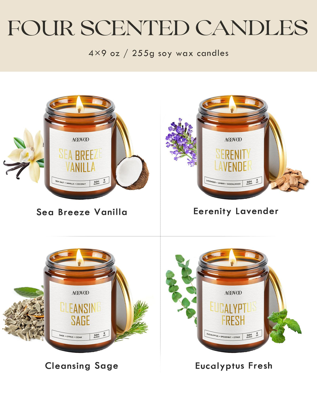 AOOVOO Scented Candles - 4PC Candle Set, 36 oz Soy Candles
