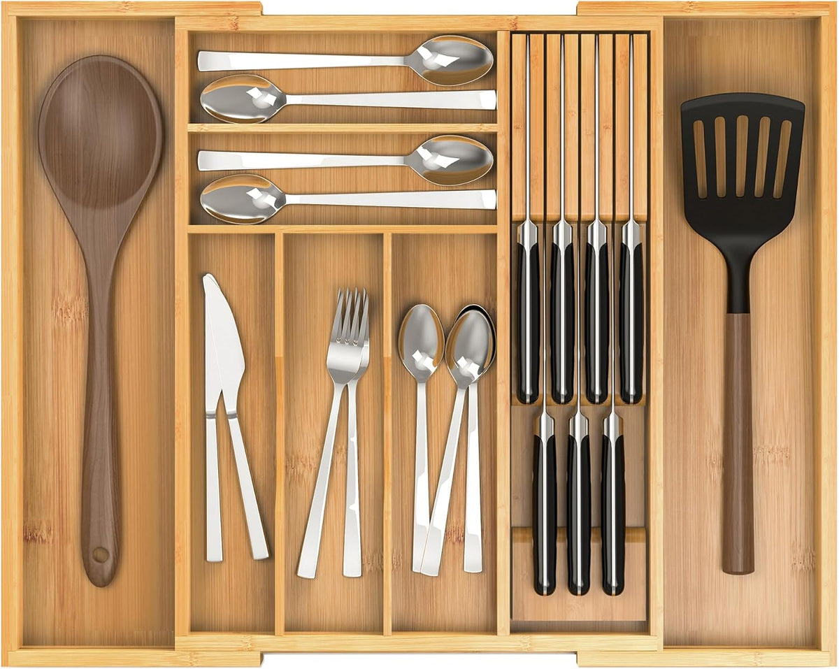 Bamboo Kitchen Drawer Organizer, Expandable Utensil Organizer with Removable Knife Block, Cutlery