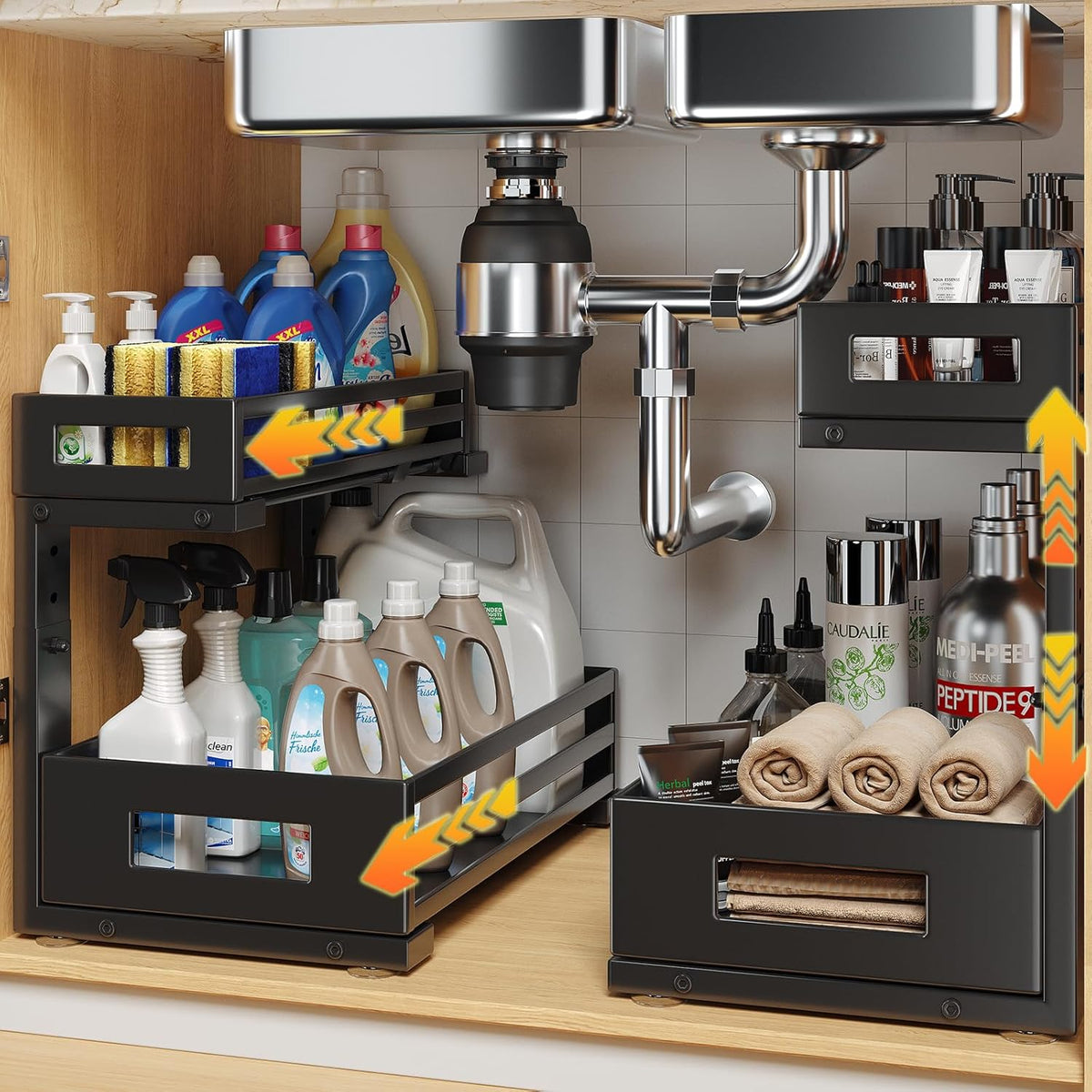 2-Pack Under Sink Organizers and Storage,2-Tier L Shape Pull Out Cabinet Organizer With Round Tube