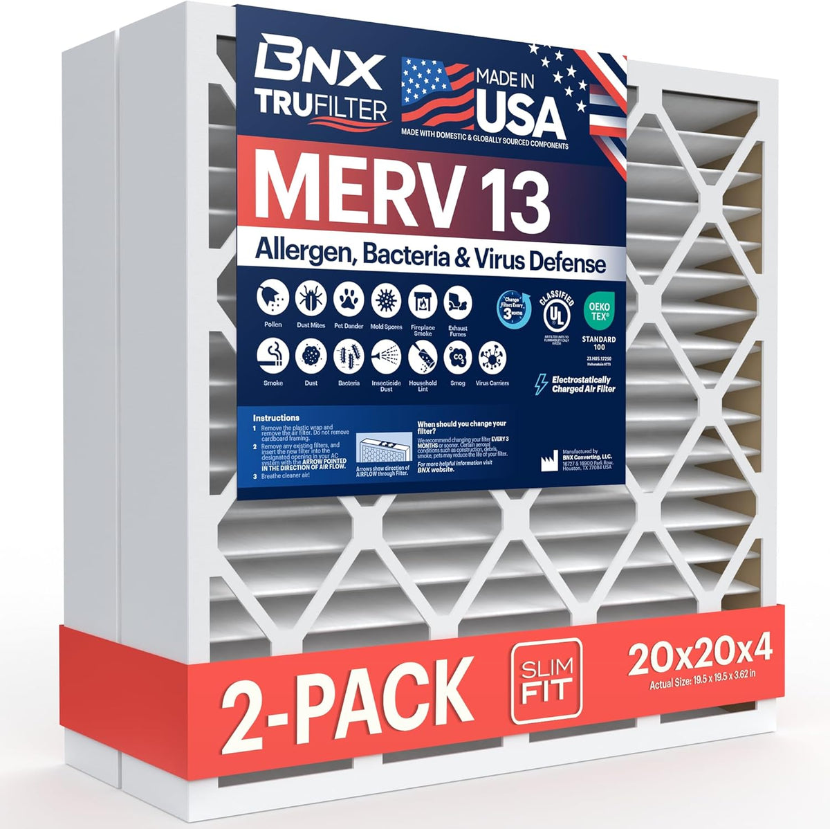 BNX TruFilter 20x20x4 (19.5’’ x 19.5’’ x 3.63‘’ Slim Fit) MERV 13 Air Filter (2-Pack) - MADE IN USA