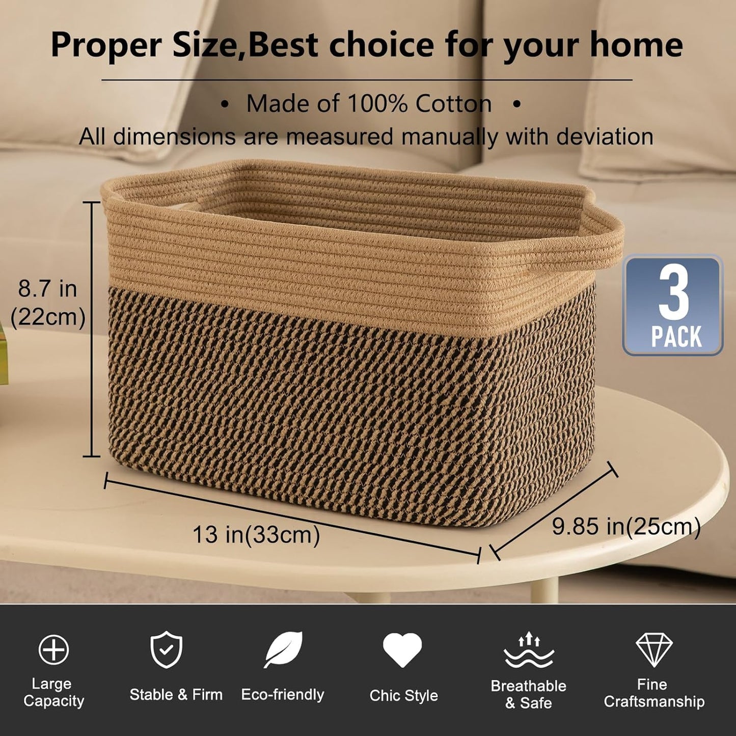 OIAHOMY 3 Pack Storage Basket for Organizing, 13''X9.85''X8.7'' Storage Bins,Woven Basket Basket