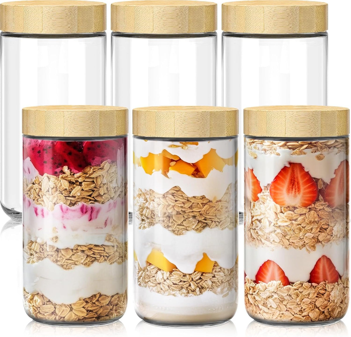 6 pack 24oz Overnight Oats Containers with Bamboo Lids, Glass Jars with Airtight Lids for Meal