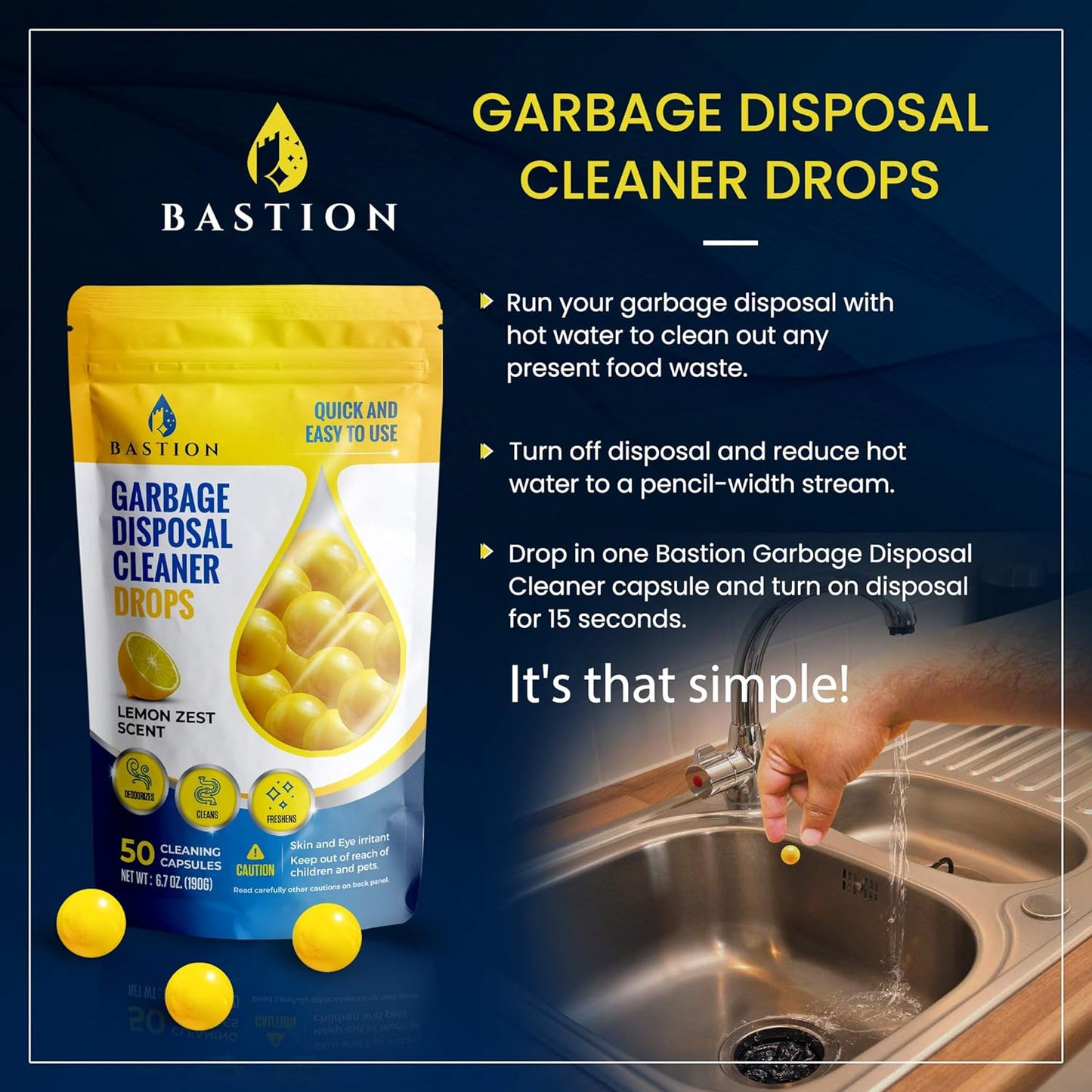 Bastion Garbage Disposal Cleaner and Deodorizer Drops- [[50-Count]] Lemon Zest Scented Kitchen Sink