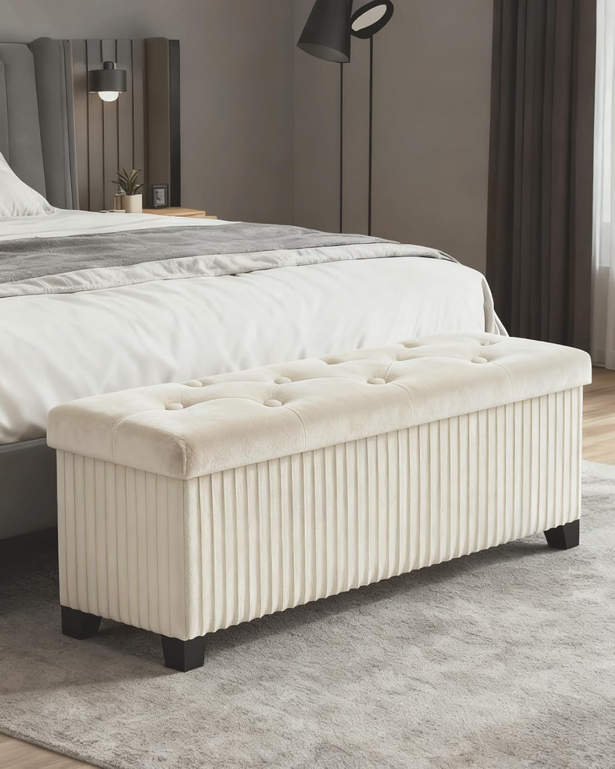 Storage Ottoman Bench, 43 Inch Foldable Ottoman with Legs, Velvet Foot Rest Stool, End of Bed