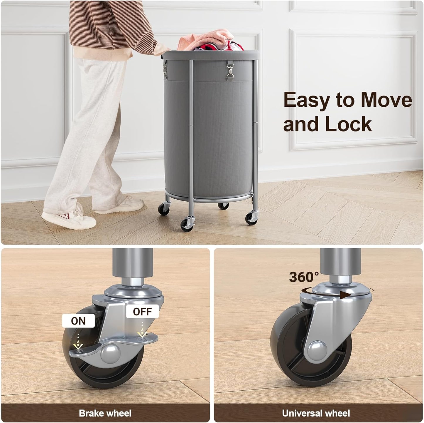 ELYKEN Laundry Hamper with Wheels, 110L Rolling Laundry Basket, Round Laundry Cart with Steel Frame