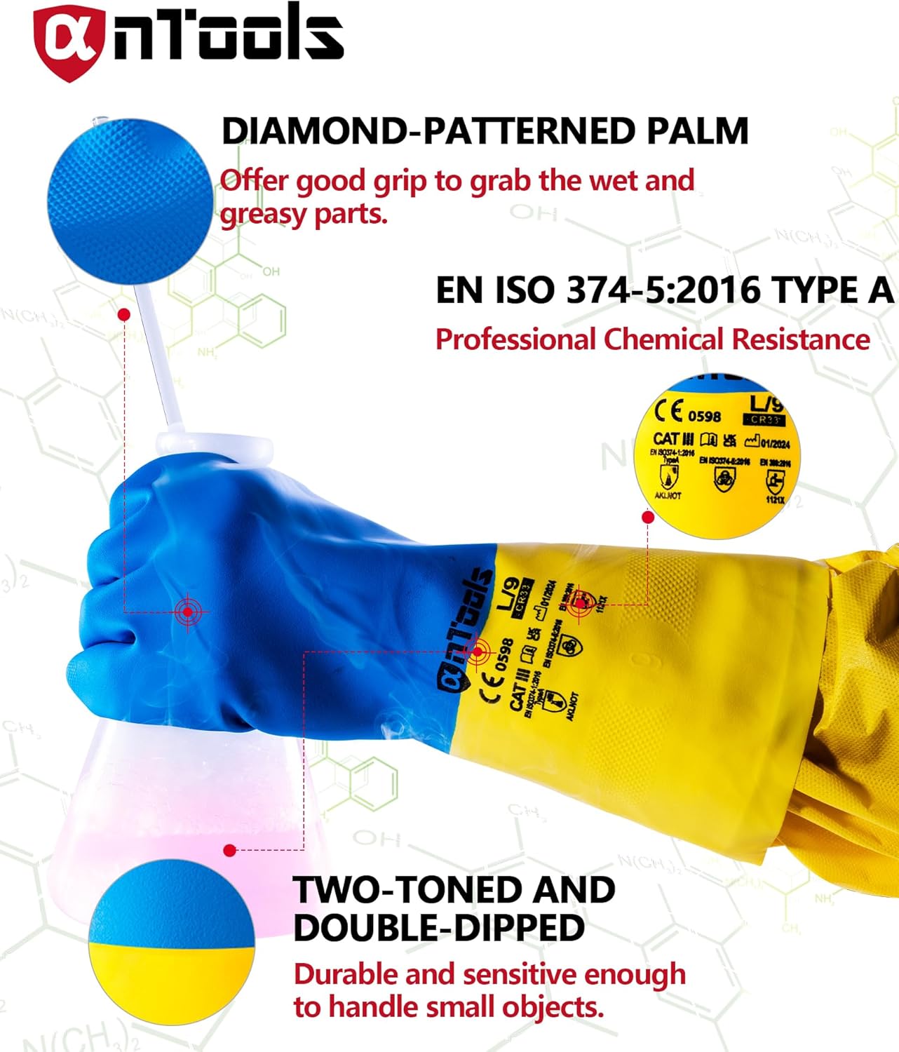 2 Pairs Neoprene and Rubber Blend Heavy-Duty Chemical Gloves, Protective industrial gloves for