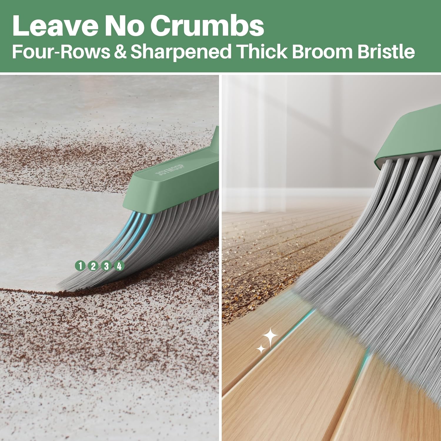 JOYMOOP Dark Teal Green Broom and Dustpan Set with 56” Handle, Upright Angle with Comb Teeth for