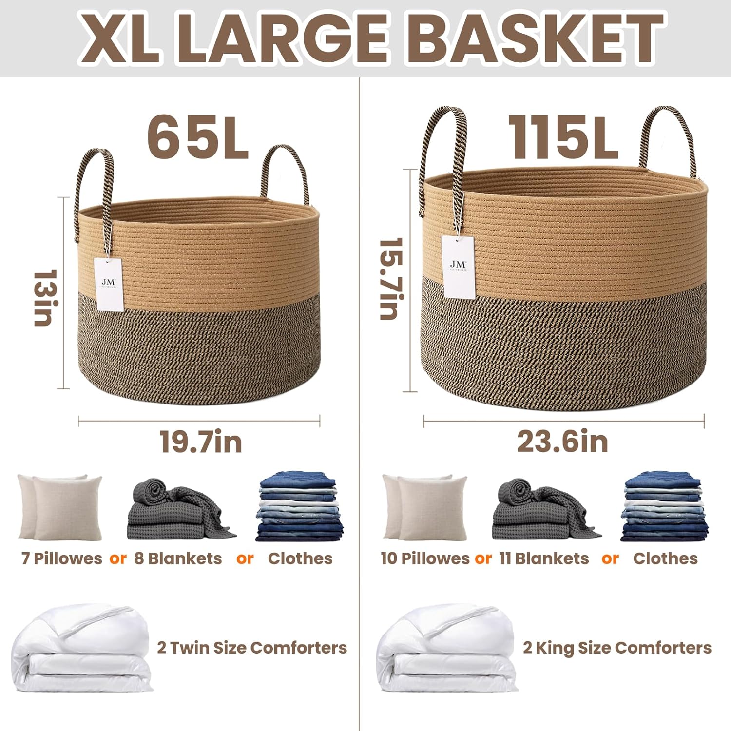 Woven Blanket Basket,65L Large Rope Storage Bin with Handles, Organizer for Blankets Toys Book and