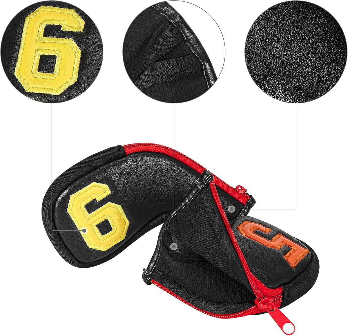 wosofe Golf Head Covers for Iron Headcover with Zipper Black Leather 10pcs Set Colorful Number