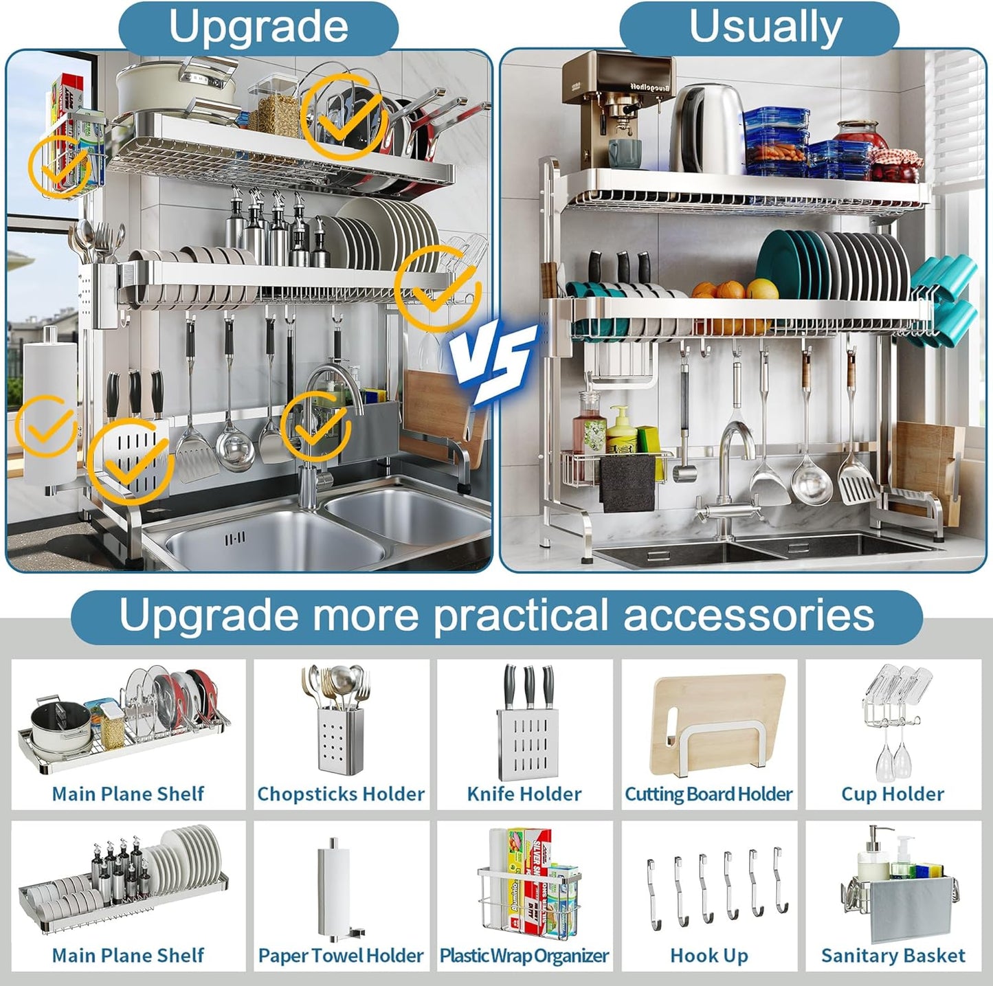 Over The Sink Dish Drying Rack,3 Tier Adjustable Length Full Stainless Steel Large Storage Kitchen