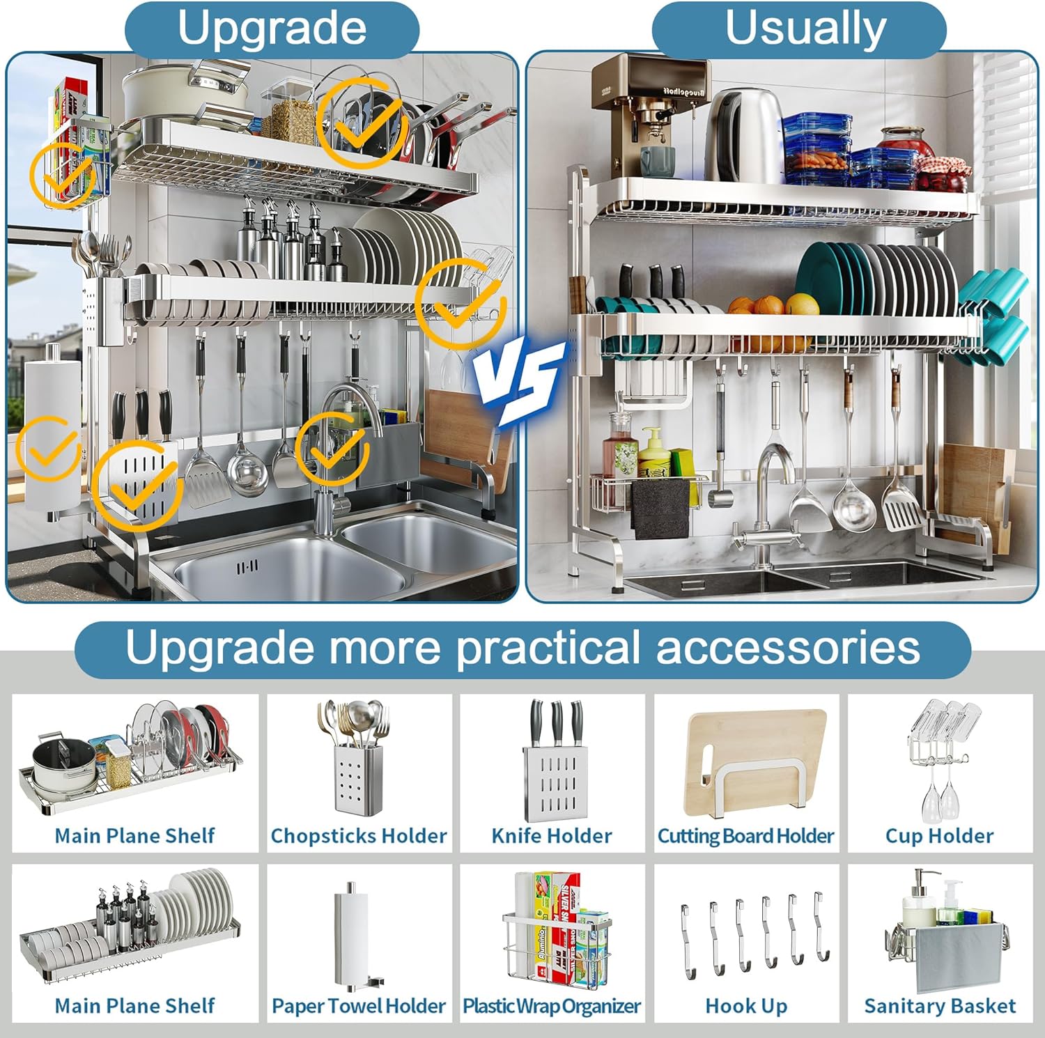 Over The Sink Dish Drying Rack,3 Tier Adjustable Length Full Stainless Steel Large Storage Kitchen