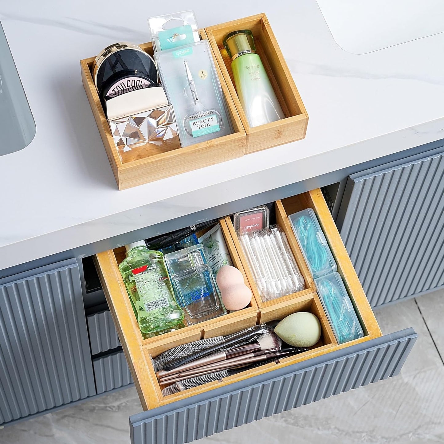 Fabsome Drawer Organizer, Set of 9 Bamboo Wood Kitchen Makeup Desk Junk Tea Drawer Storage Boxes