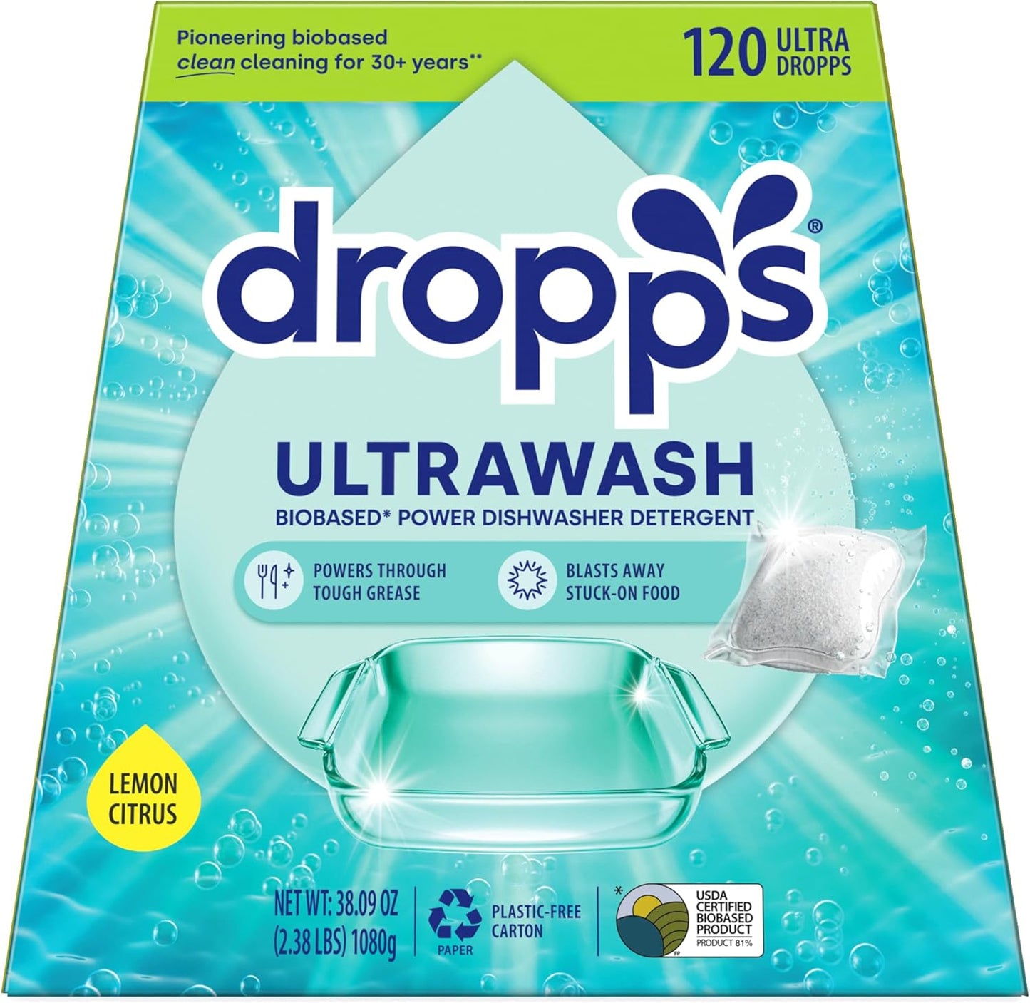 Dropps UltraWash Dishwasher Pods, Lemon Citrus (120 Count) - Biobased Power Deep Clean Dishwasher