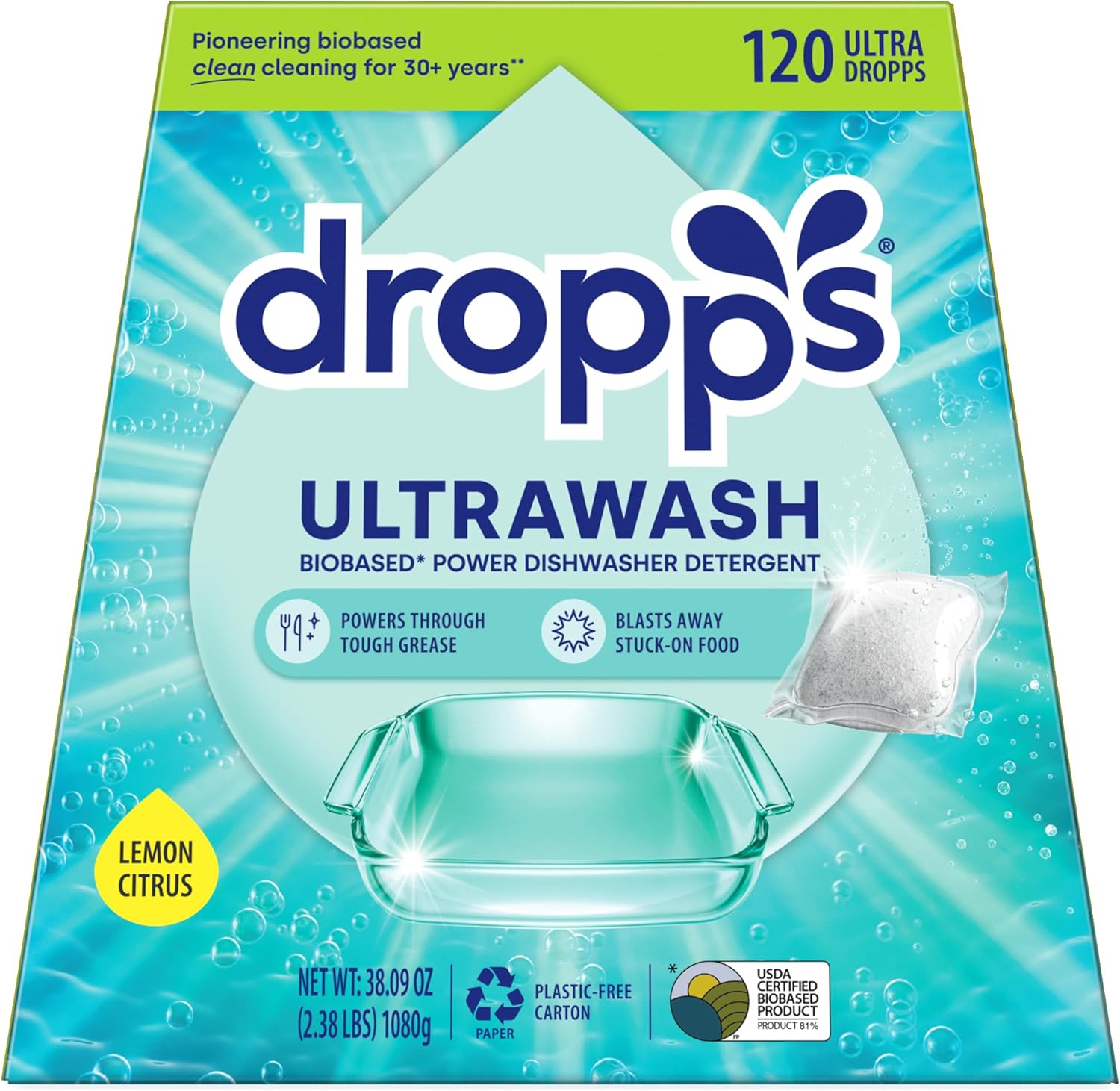 Dropps UltraWash Dishwasher Pods, Lemon Citrus (120 Count) - Biobased Power Deep Clean Dishwasher