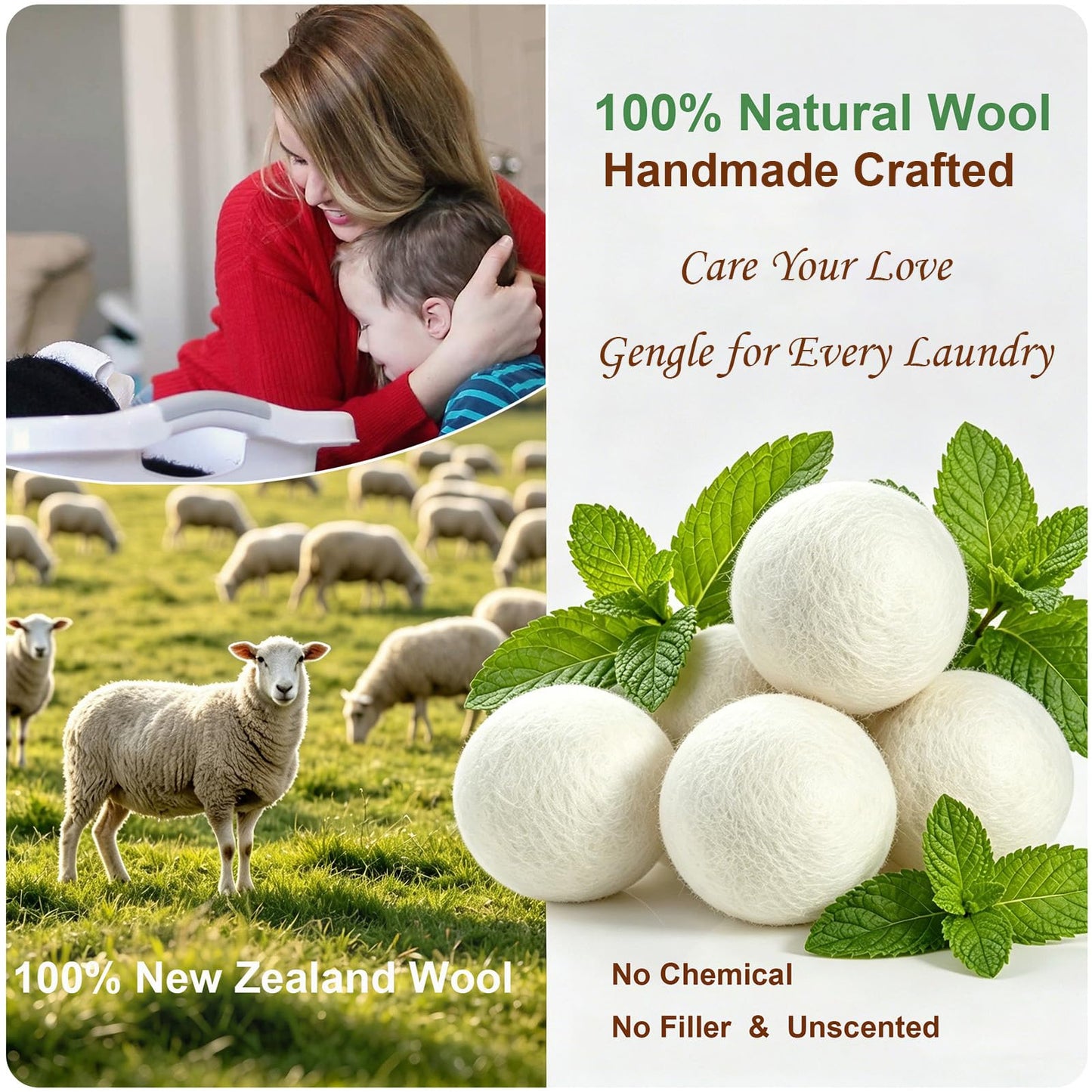LEVIBASIC Wool Dryer Balls 6 Pack, 100% New Zealand Wool to Core