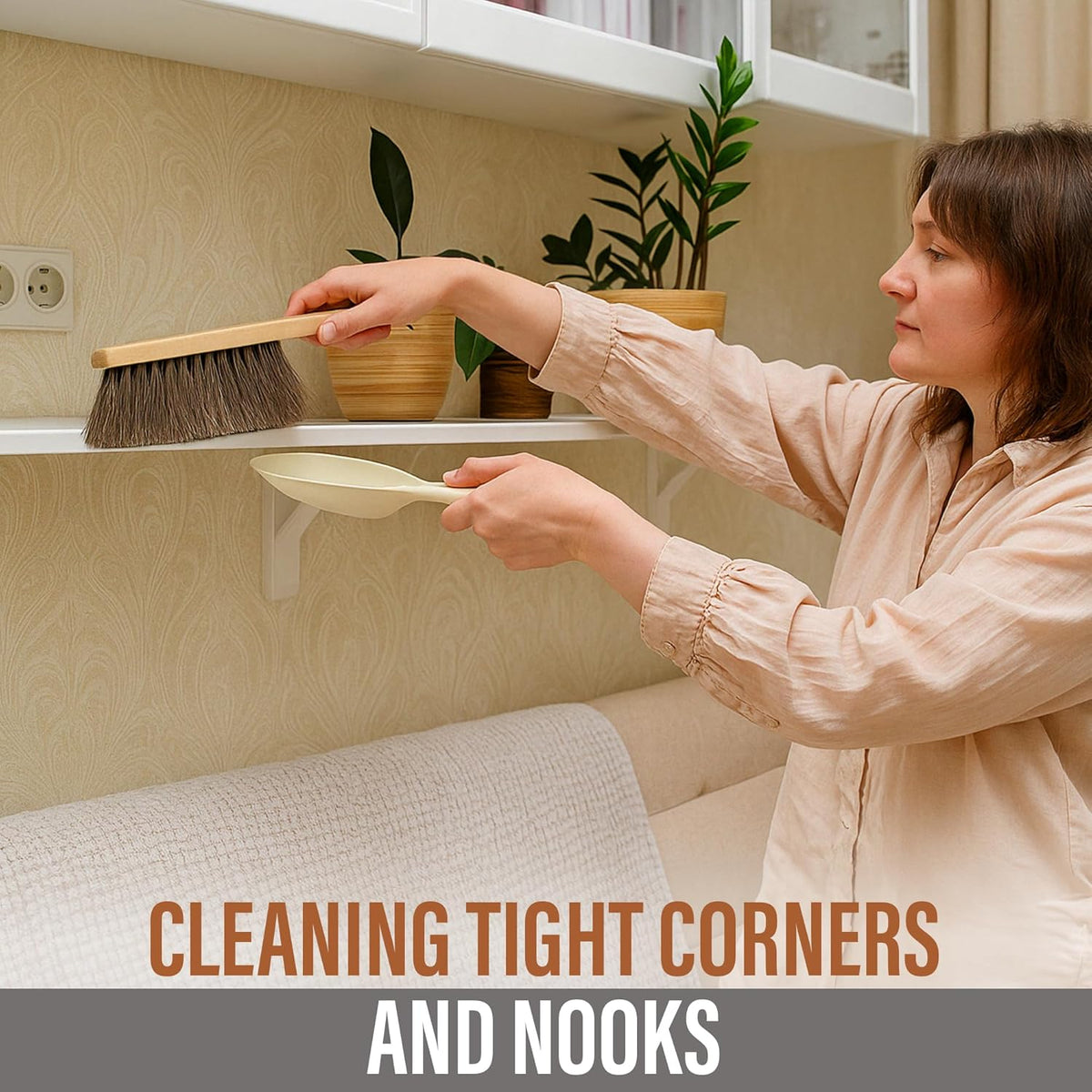 Takavu Multi-Purpose Counter Brush with Solid Wood Handle, Natural Horsehair Bristles for Gentle