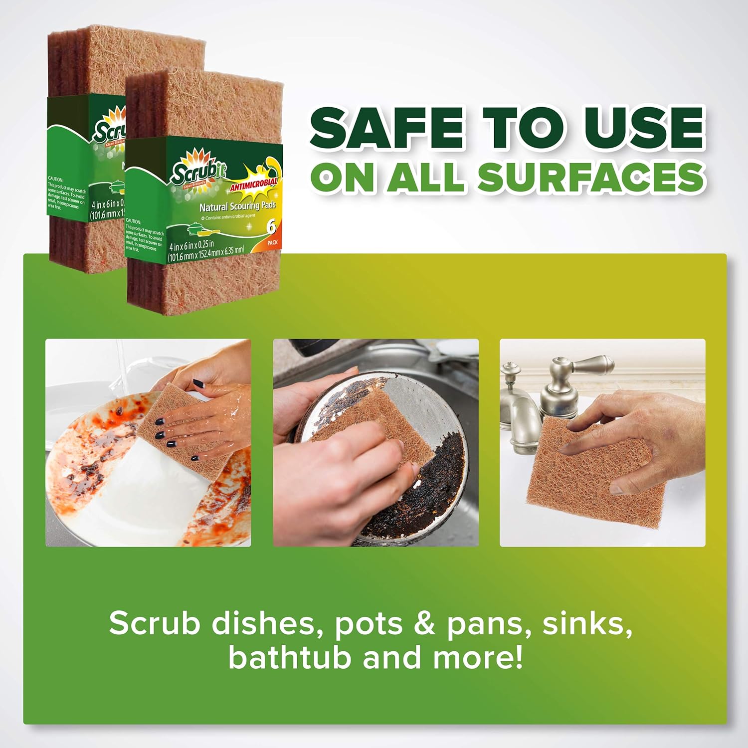 SCRUBIT Natural Scouring Pads (12 Pack) - Eco Friendly Scrubbing Pads for Kitchen Cleaning, Dishes