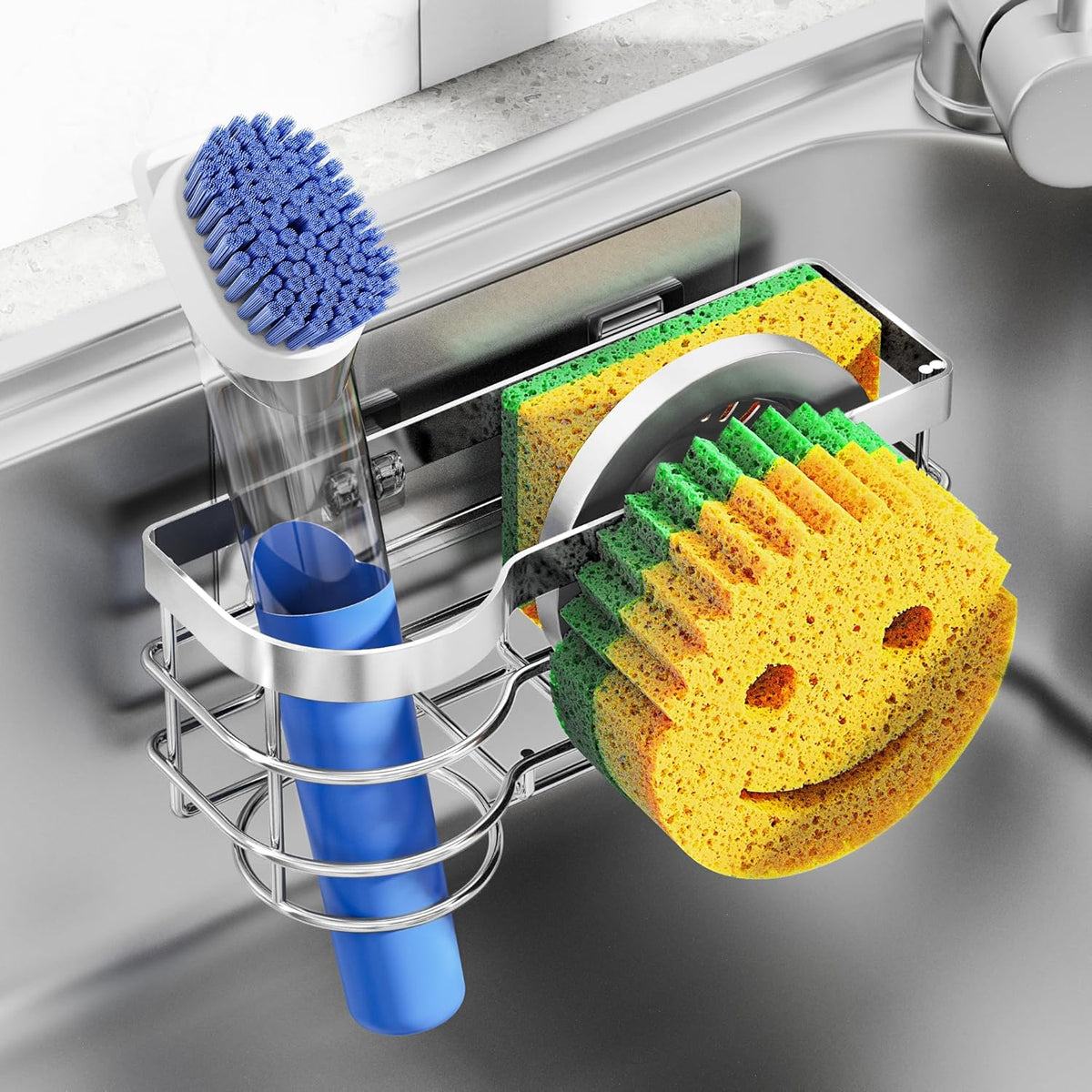 Cisily Smiley Sponge Holder for Kitchen Sink Caddy, Stainless Steel Movable Brush Holder Dish Cloth