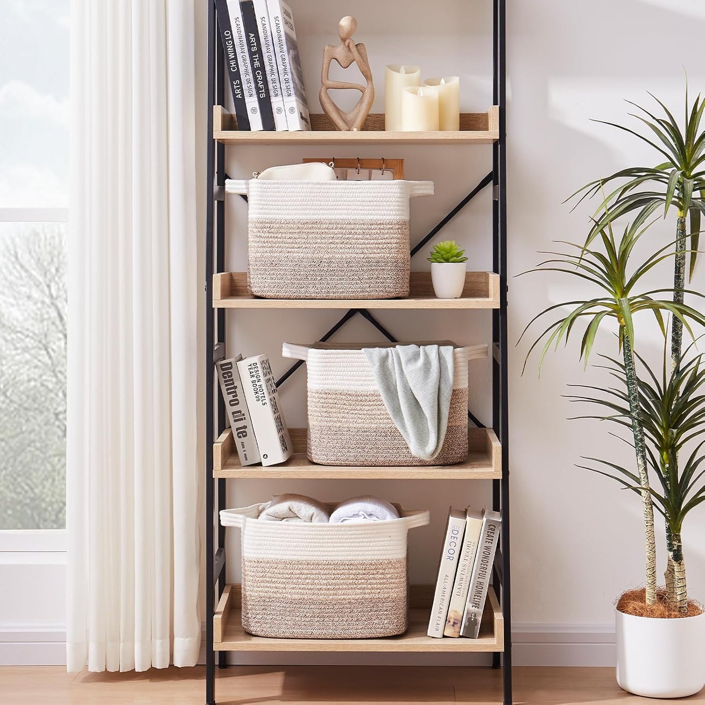 OIAHOMY Storage Baskets - Woven Cotton Rope Baskets for Shelves, Toy Towel Organizer Bins, Pack of