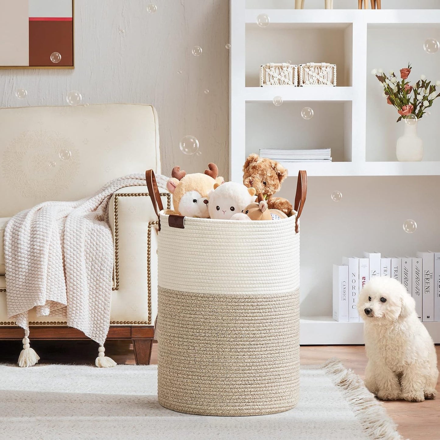 VIPOSCO Tall Laundry Basket, Large Dirty Clothes Hamper with Leather Handle, Woven Rope Storage