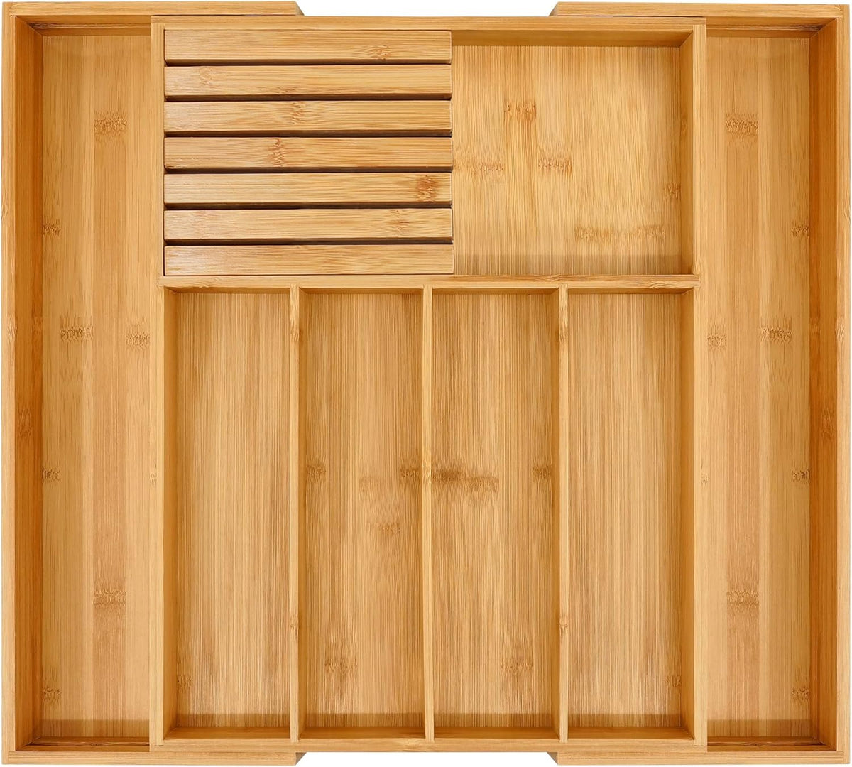 VaeFae Bamboo Silverware Drawer Organizer Kitchen, Expandable Utensil Organizer with Knife Block