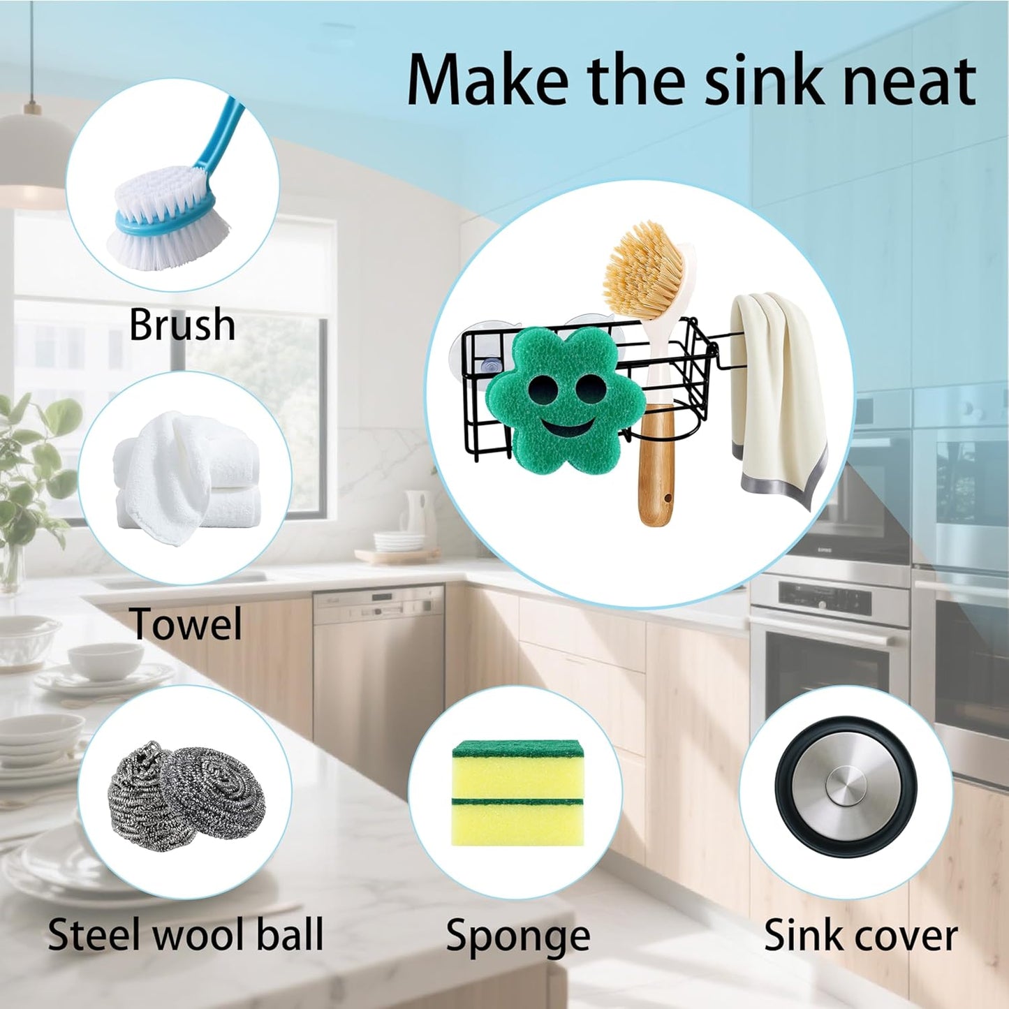 Sponge Holder Smile Face with Dish Cloth Hanger for Kitchen Sink, In-sink Caddy Organizer with
