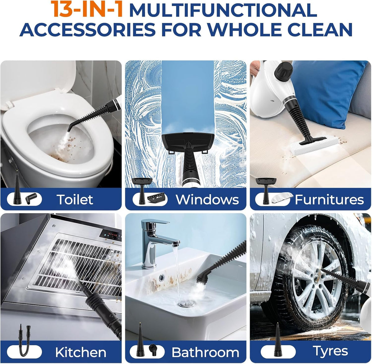 LABIGO Steam Cleaner, Pressurized Handheld 13pcs Multi-Purpose Natural Deep Cleaning Steamer