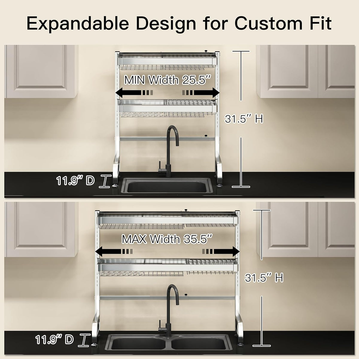 3 Tier Extra Large Stainless Steel Expandable Over The Sink Dish Drainer Drying Rack, Rust Proof