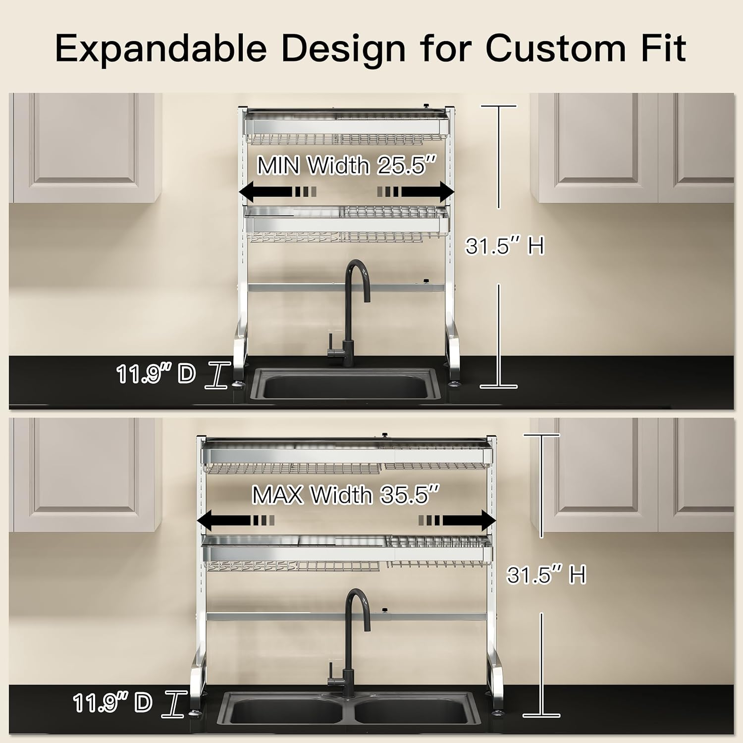 3 Tier Extra Large Stainless Steel Expandable Over The Sink Dish Drainer Drying Rack, Rust Proof